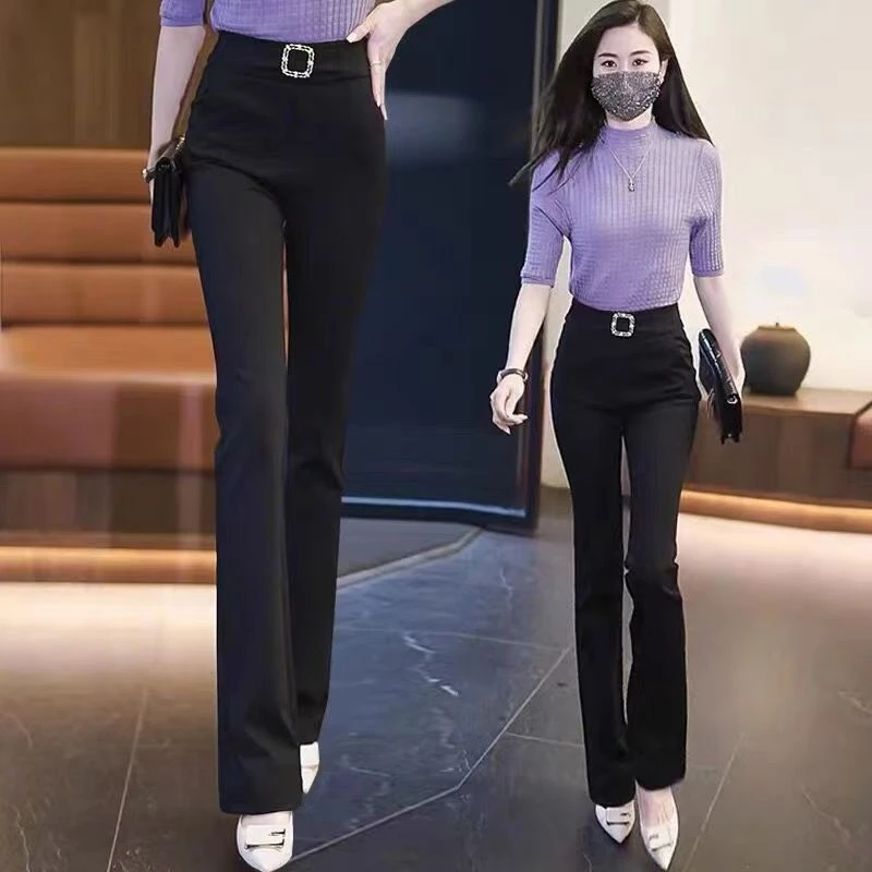 黑色微喇裤女2023春秋新款高腰修身显瘦弹力垂感小个子休闲西装裤