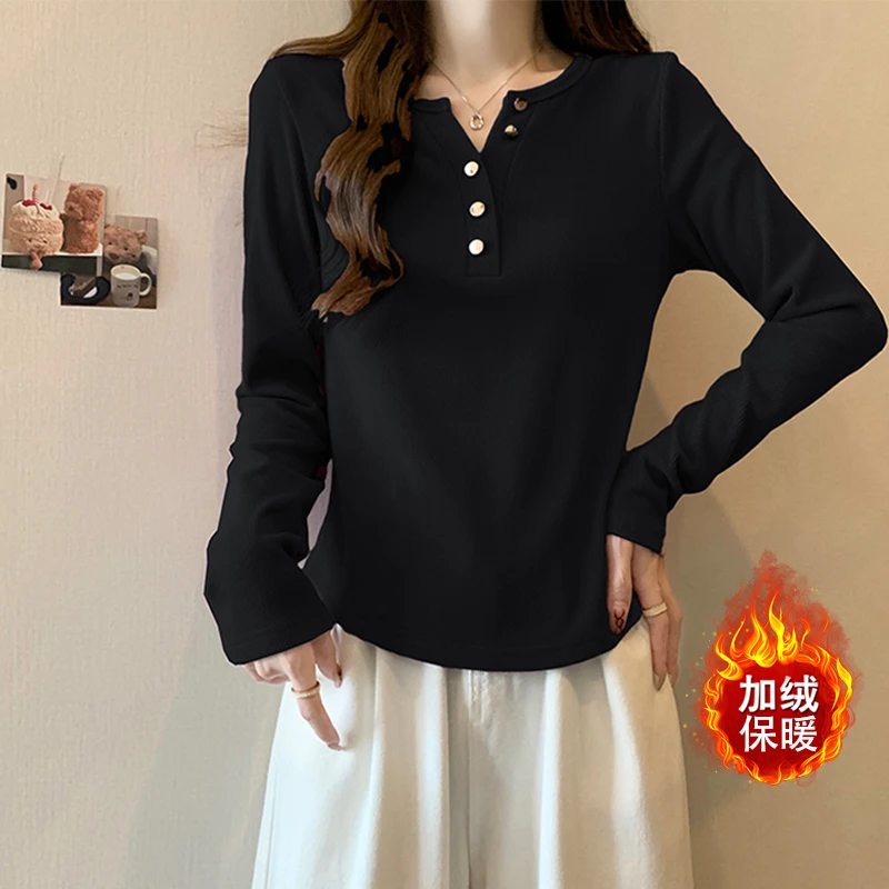 X大码磨毛加绒2025春装女士内搭打底衫减龄胖妹妹遮肚显瘦上衣