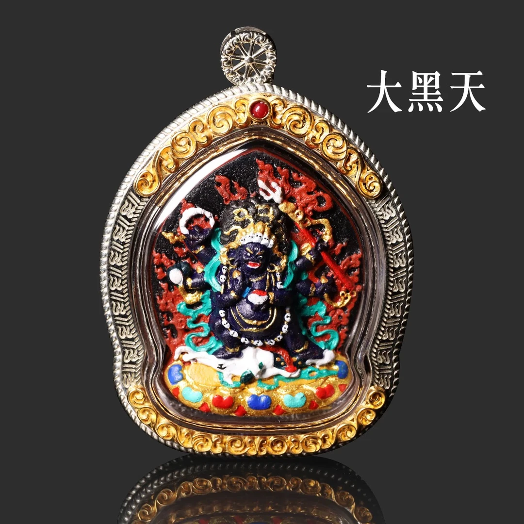 六臂大黑天立体藏银擦擦纯手工手绘唐卡随身擦擦吊坠挂件唐卡吊坠