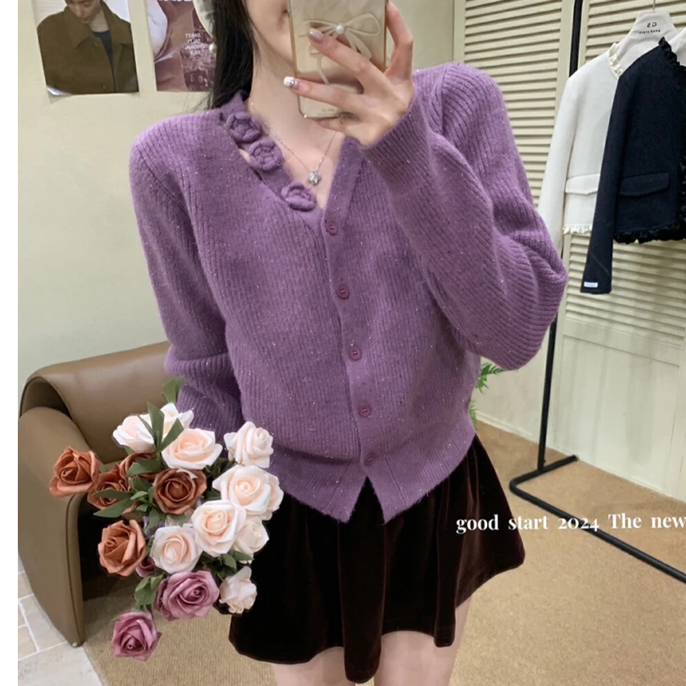 亮丝氛围感V领气质立体花朵开衫显瘦洋气保暖宽松毛衣女装百搭