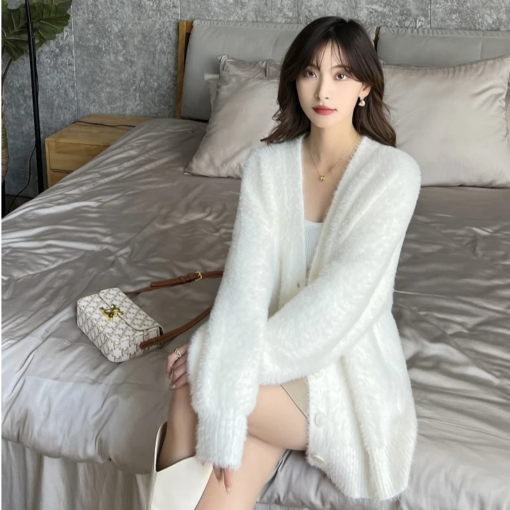 毛衣开衫外套针织毛衣宽松慵懒风万能外搭开衫粉色白色毛衣开衫