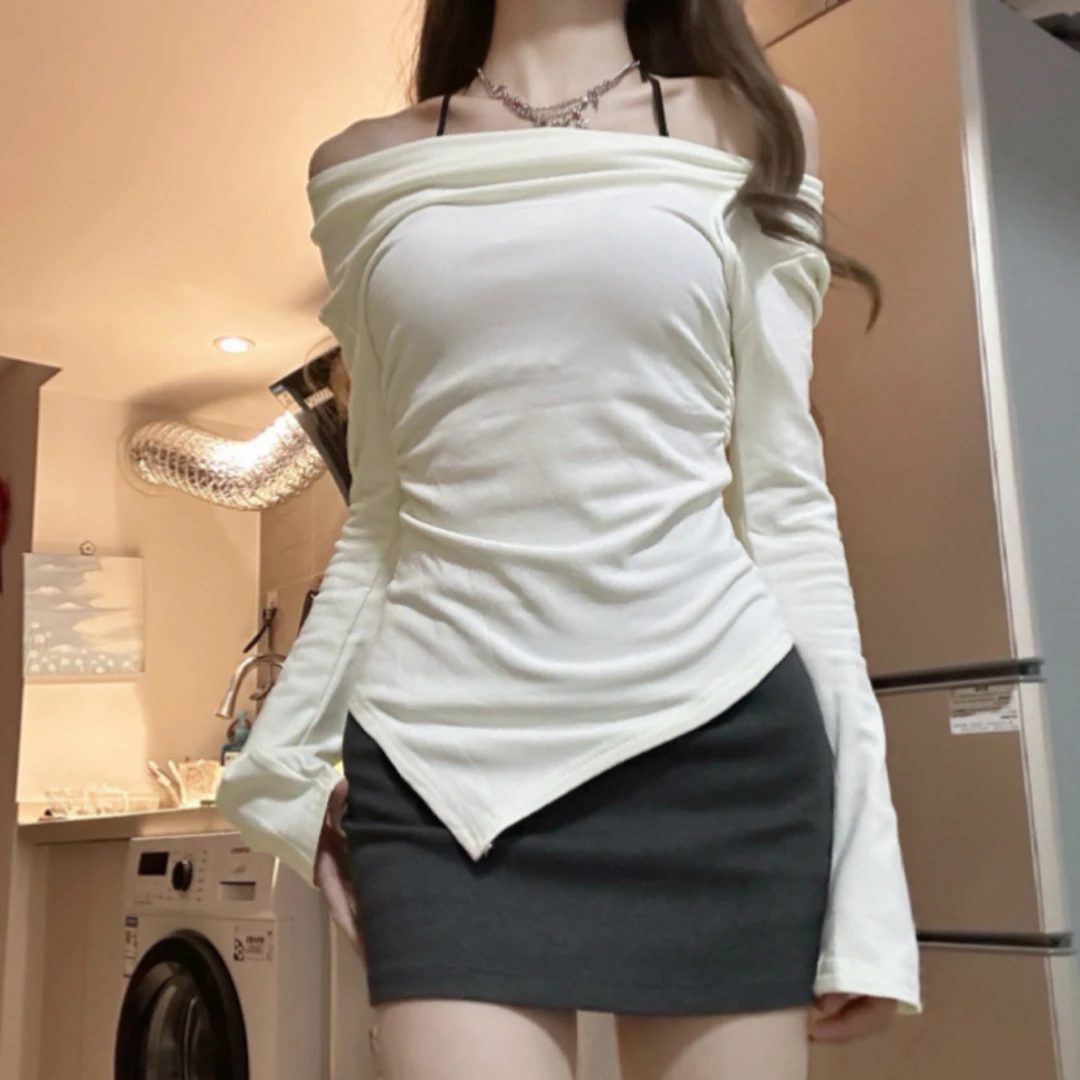 【当天发货】气质一字肩显瘦喇叭袖长袖秋季打底不规则下摆百搭上衣