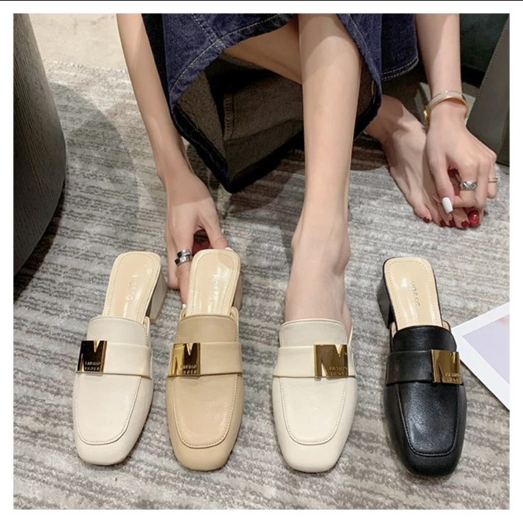 MEIZOOYUAN/魅恣沅法式小方头N标复古穆勒鞋夏季粗跟软底半托