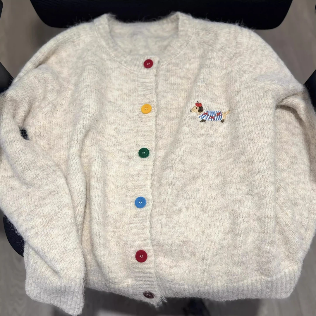 秋冬糖果色扣子毛衣开衫女小狗刺绣软糯外套甜美百搭美式复古上衣