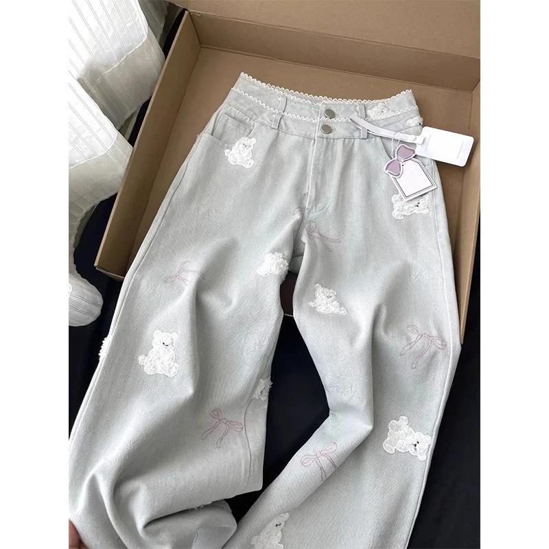可爱小熊刺绣牛仔裤女春秋季日系甜妹小个子阔腿高腰宽松直筒长裤