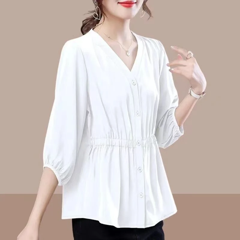 衬衣女时尚遮肚子七分袖上衣2024夏装衬衫设计感洋气收腰小衫