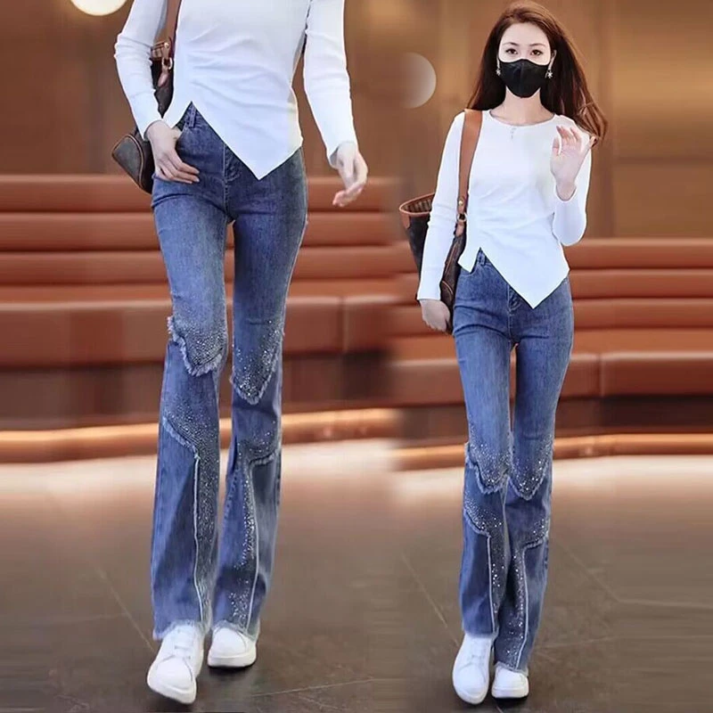 D2302欧版烫钻钉珠牛仔裤女弹力微喇裤高腰显瘦毛边马蹄裤喇叭裤