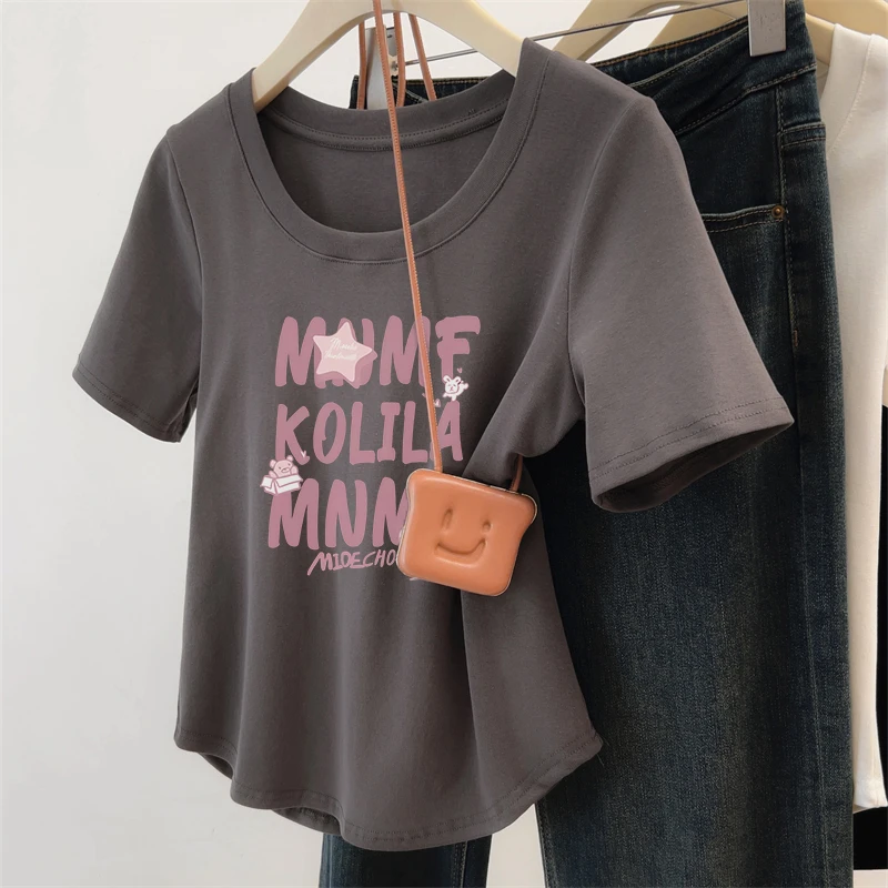 W大码胖MM圆领女装短袖上衣夏季韩版休闲百搭宽松正肩字母印花T恤