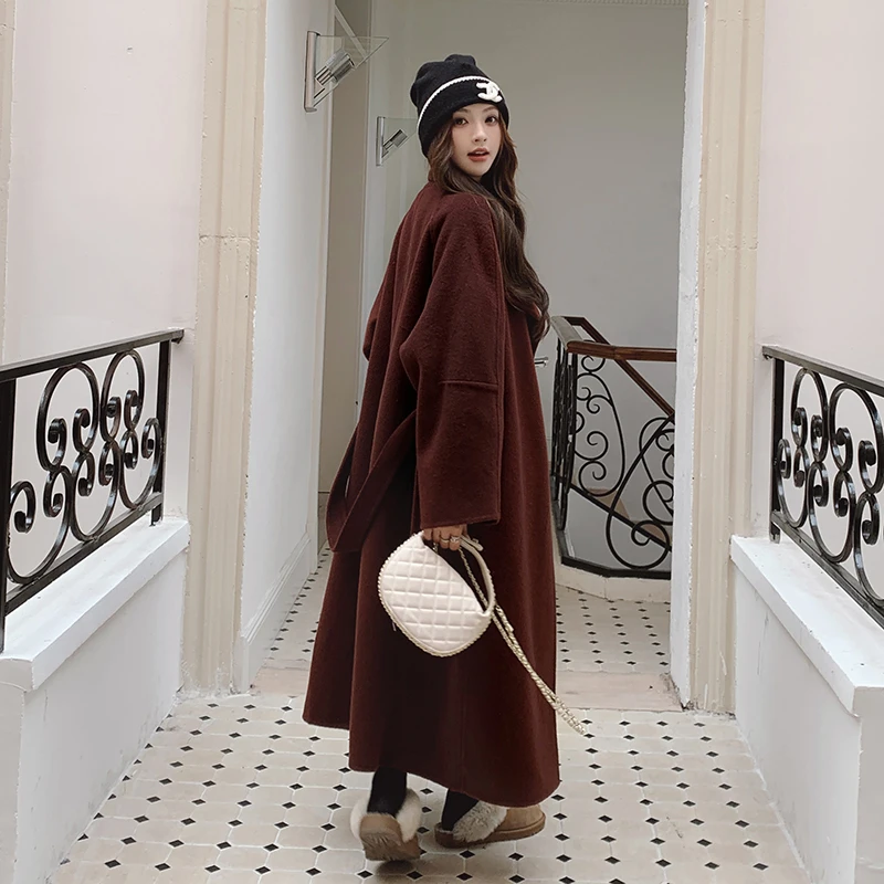 安可拉红高级感毛呢外套女2025新款冬季韩系赫本风加厚长款呢大衣