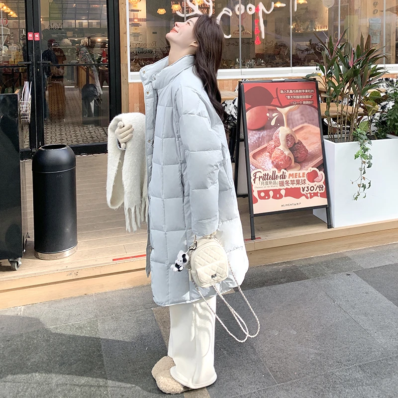 浅蓝色中长款立领羽绒服女冬2024新款今年流行韩版爆款白鸭绒外套