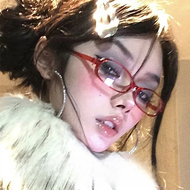 复古红色椭圆小框眼镜辣妹眼镜素颜造型Y2K近视眼镜平光小脸日系