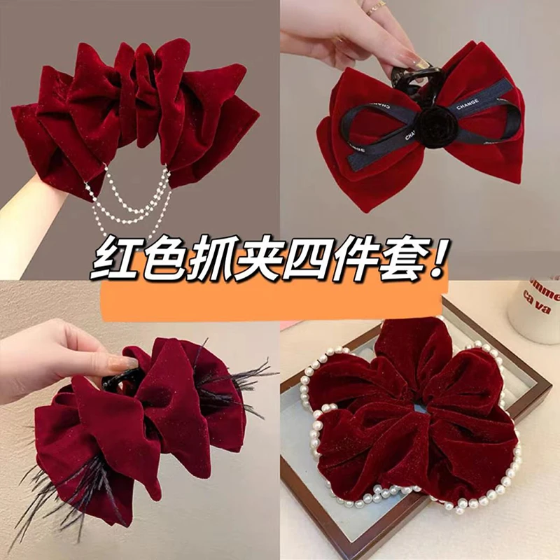 高级感甜美黑色大蝴蝶结链条双层抓夹2023年新款珠珠流苏发夹发卡