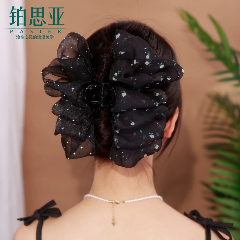 铂思亚黑色抓夹女AB面雪纺碎花鲨鱼夹子新款发夹发饰
