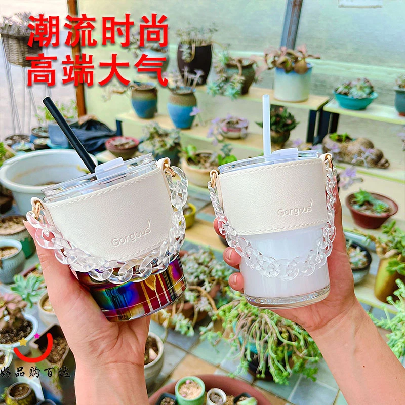 高档大气竹节杯吸管式玻璃杯水杯五彩便携手提链双饮吸管杯咖啡杯