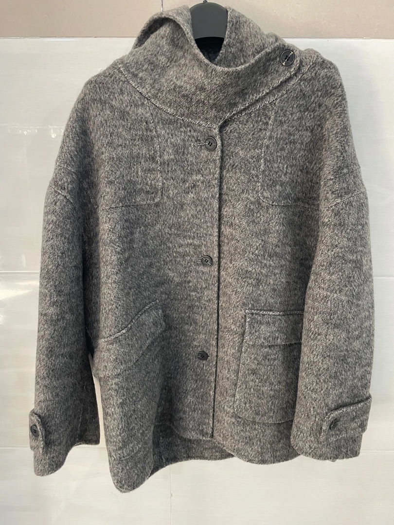 A024简约时尚带帽中长款双面呢大衣外套