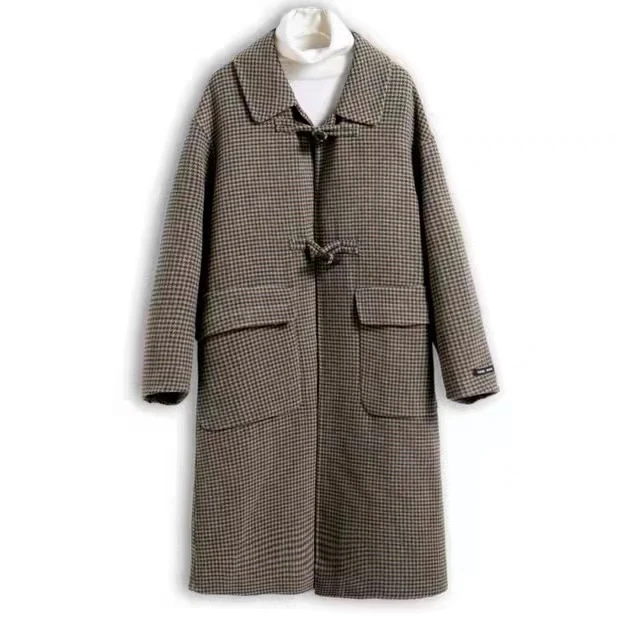 Z-619新品牛角扣溜肩千鸟格双面羊毛大衣