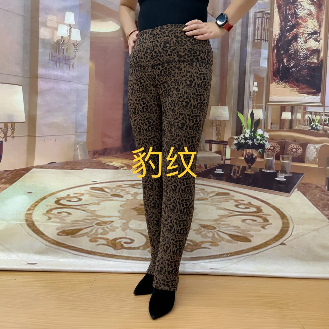 2024冬季新款中老年豹纹加绒厚款打底棉裤高腰弹力妈妈保暖棉裤