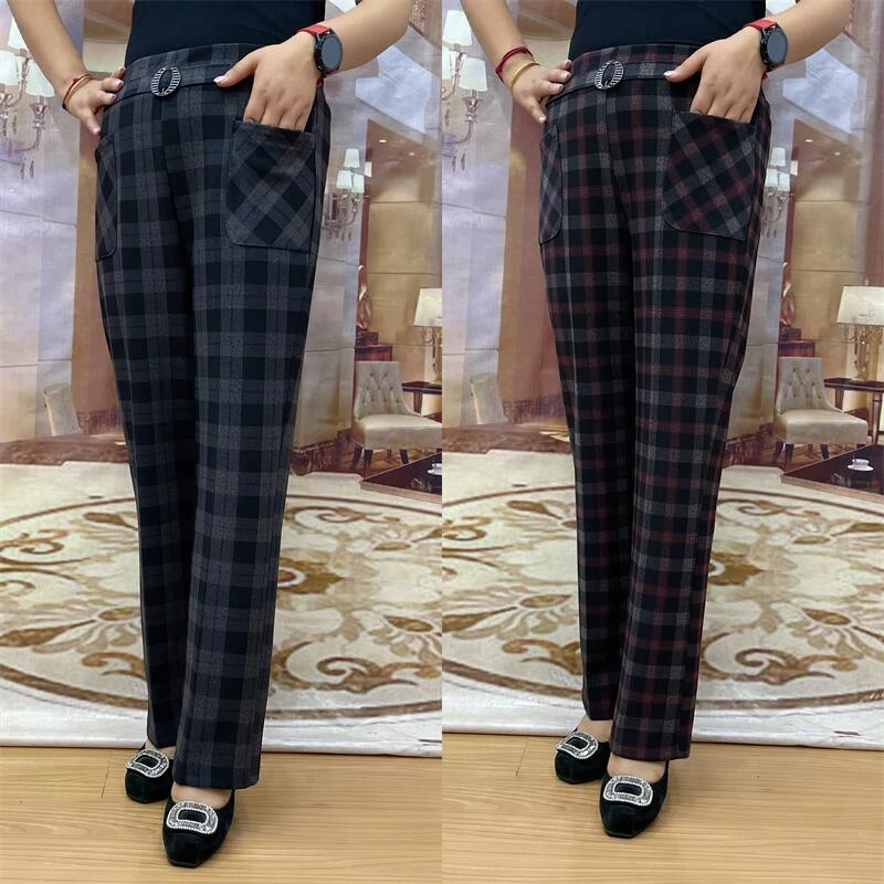 2024年秋季新款高腰弹力红格-灰格休闲妈妈直筒裤春秋款-高腰高弹
