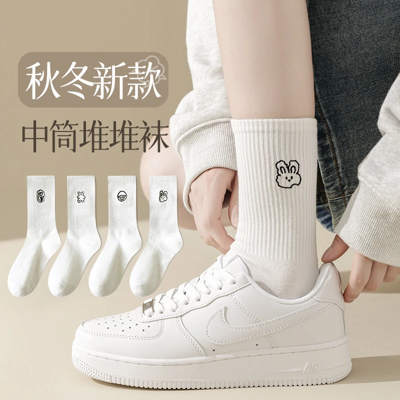 初中女生袜子时尚春秋新款卡通可爱大童女孩学生白色中筒袜秋冬季