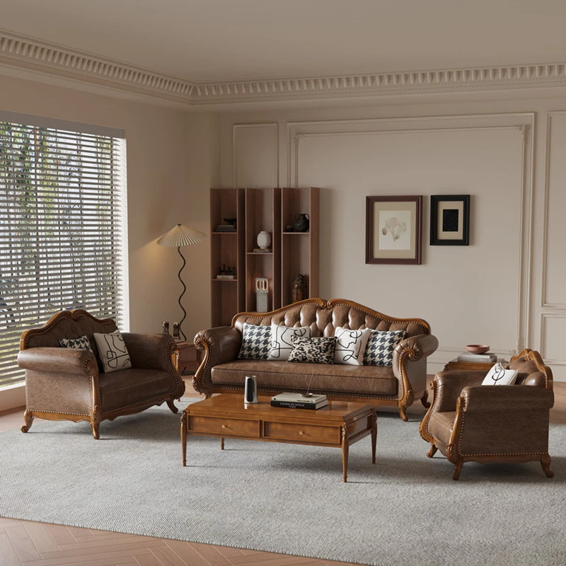 中古风实木真皮沙发 美式轻奢皮艺客厅组合123沙发复古简约家具