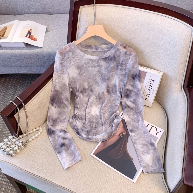 扎染网纱长袖T恤女夏季新款设计感小众褶皱修身短款长袖防晒上衣