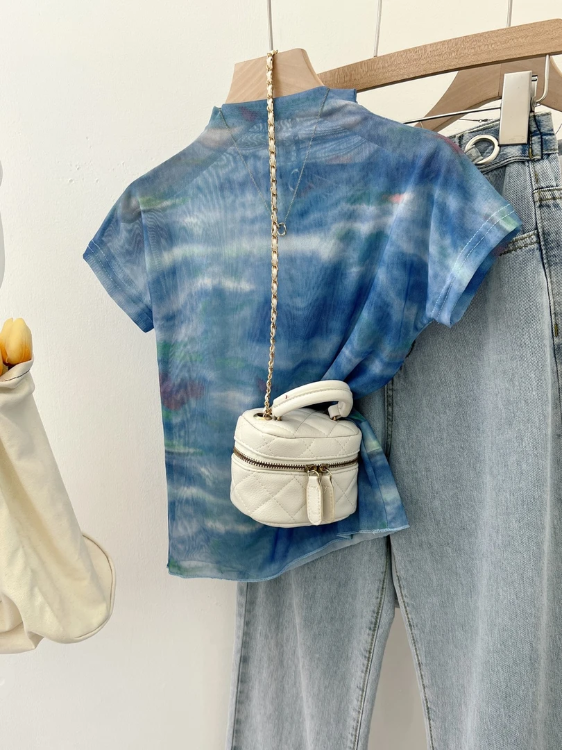 夏季2024新款半高领打底衫女修身小衫显瘦网纱上衣镂空短袖T恤女