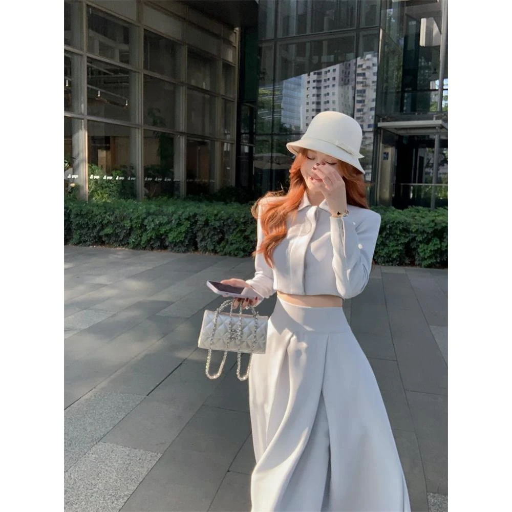 气质蓝色polo领短款外套上衣时尚套装女秋季高腰半身裙长裙两件套