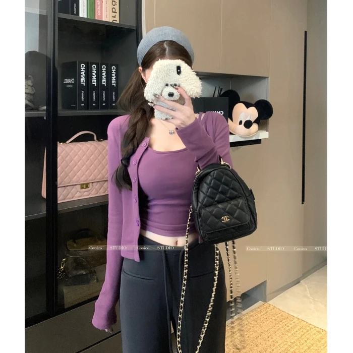 韩系辣妹紫色吊带背心百搭针织开衫女秋季短款修身显瘦上衣两件套