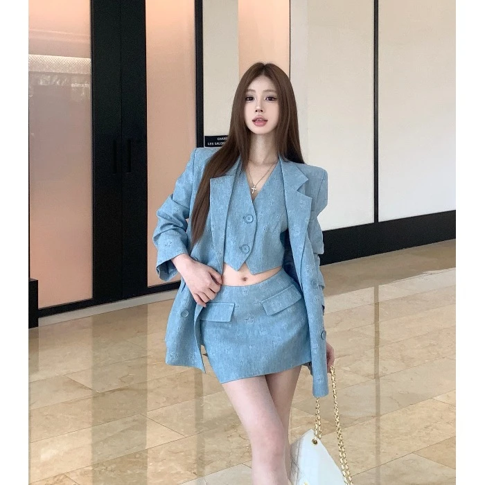 时尚套装气质蓝色西装外套上衣马甲背心女秋季包臀半身裙子三件套