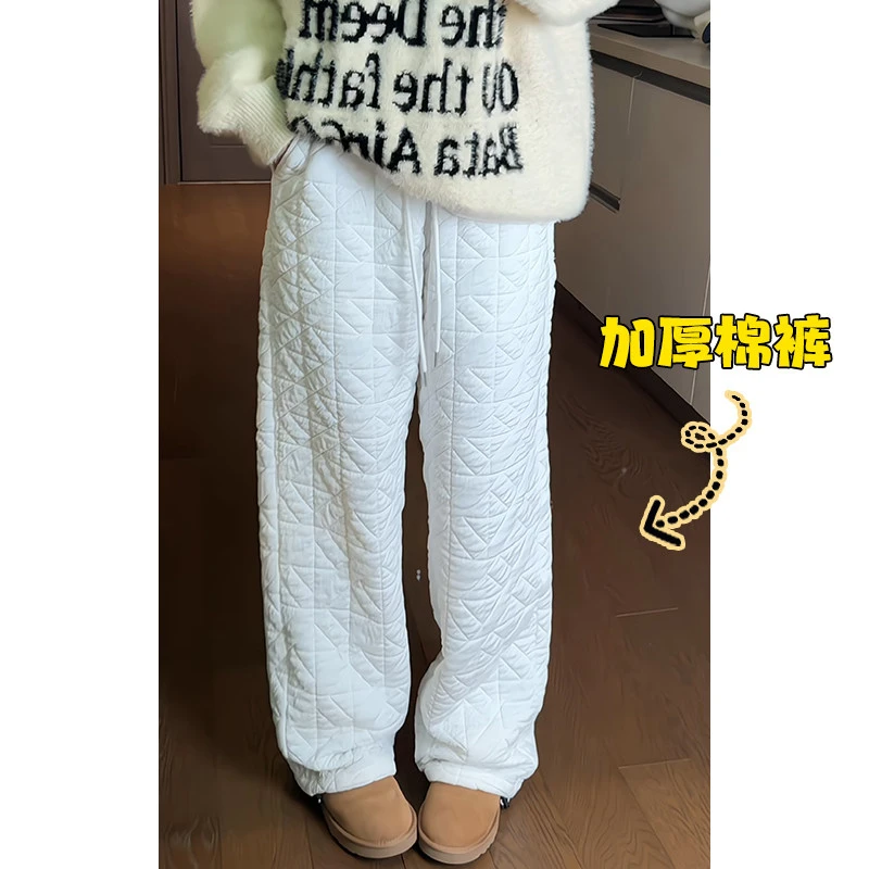 冬季保暖棉裤男女大码菱格加棉休闲裤加厚百搭秋冬宽松拖地棉裤