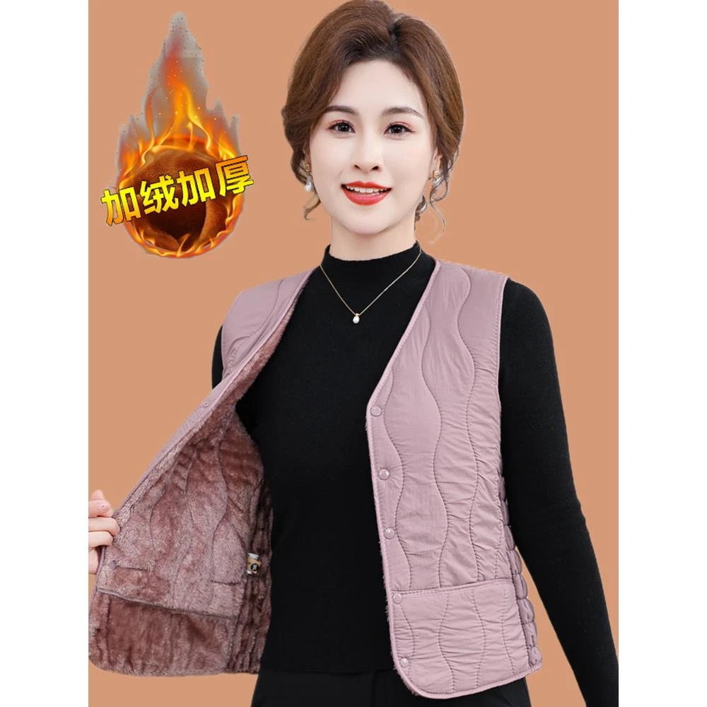 彩羊老年女秋冬加绒马甲妈妈装夹棉保暖背心奶奶短款仿羊羔