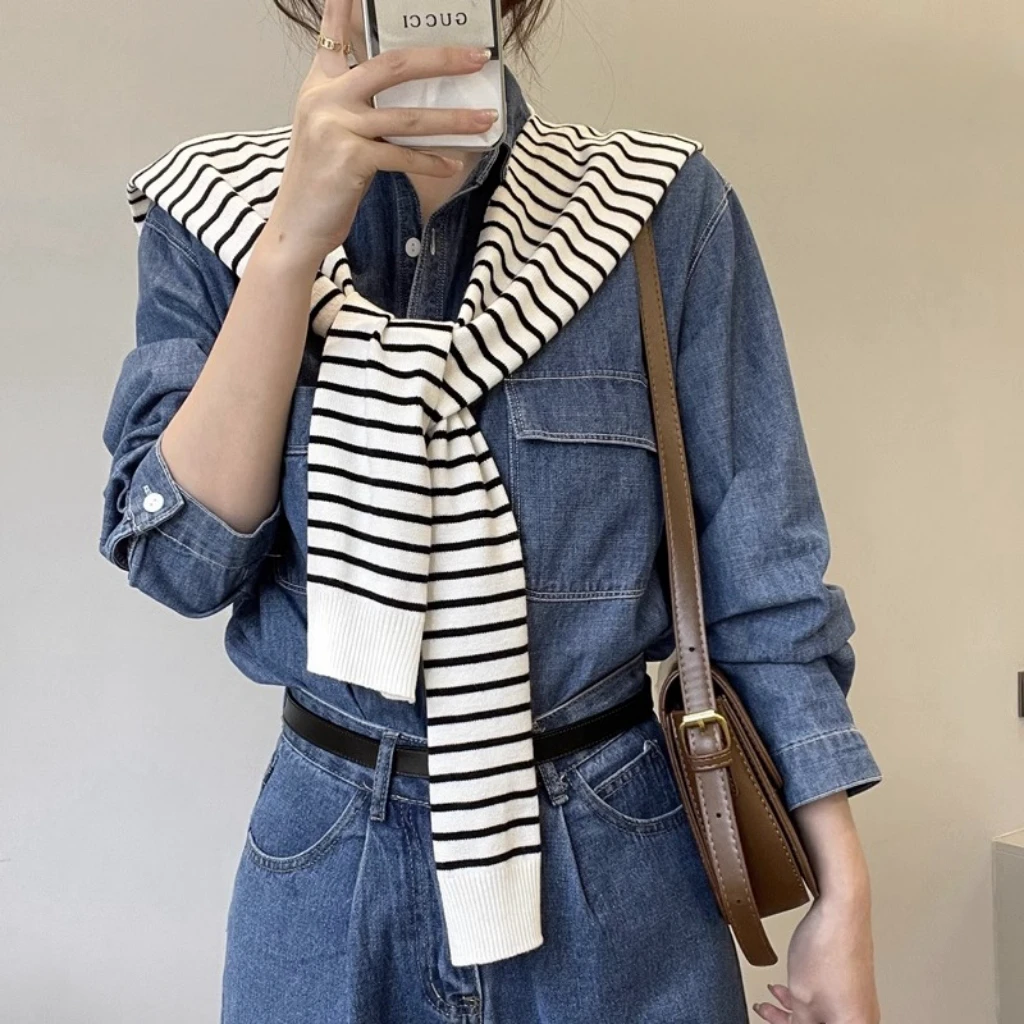 2023新款春秋针织条纹披肩外搭薄款女夏季办公室空调房护颈小坎肩