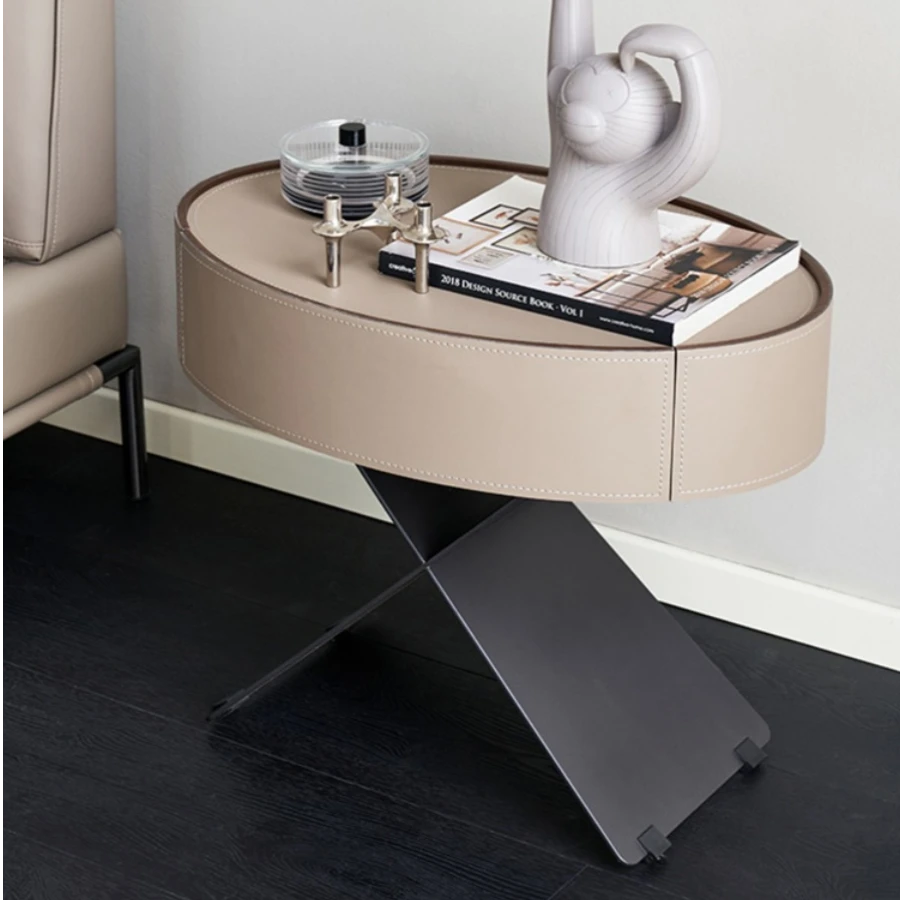 意式极简床头柜马鞍皮简约时尚椭圆鸡蛋型创意后现代客厅家用