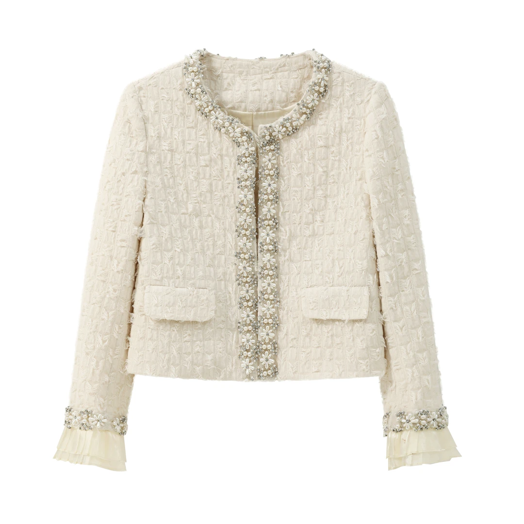 WJD006秋季新款上衣短款时尚百搭女装长袖白色蕾丝设计师小香风