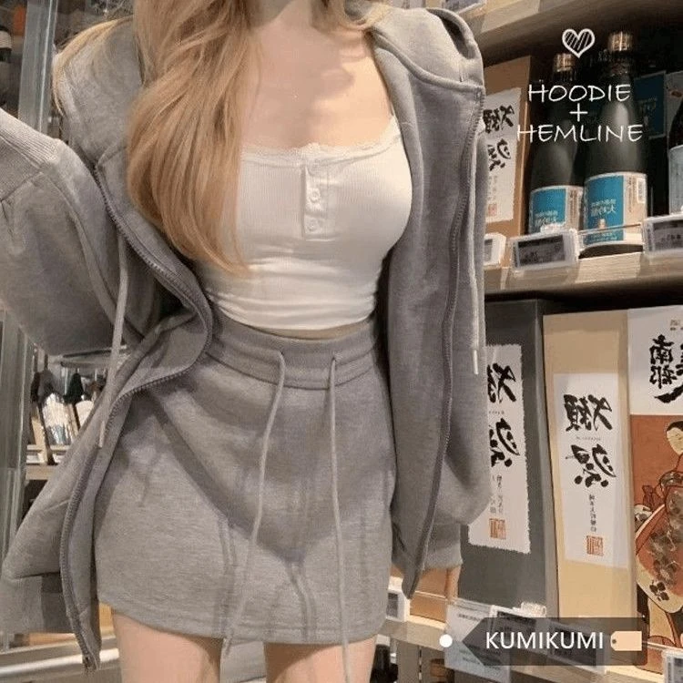 反季直降 连帽开衫卫衣外套休闲套装女2024秋廓形上衣半裙两件套