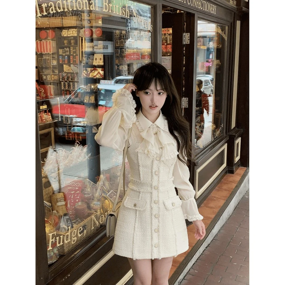 法式新款杏色小香风收腰连衣裙/蝴蝶结衬衫两件套女千金风套装裙