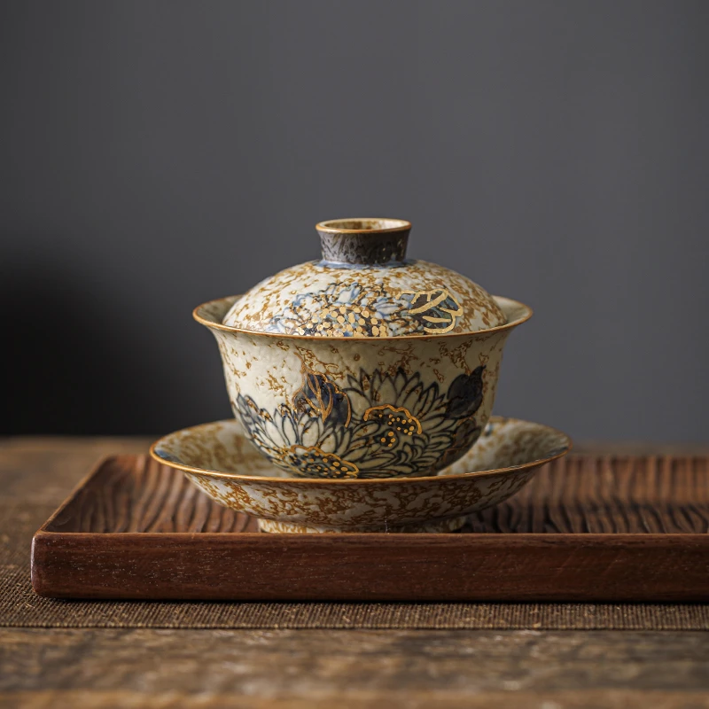 手绘青花火石山茶花三才盖碗茶杯家用陶瓷茶碗带盖泡茶器功夫茶具