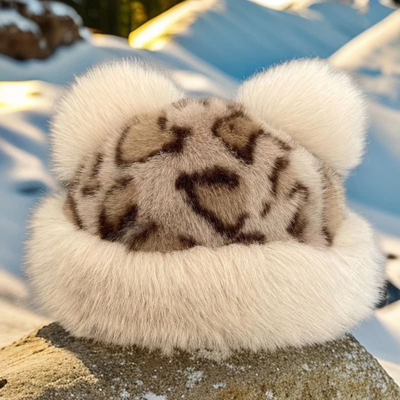 秋冬加厚豹纹保暖仿狐狸毛欧貂绒蒙古帽小熊耳朵仿皮草帽子女士