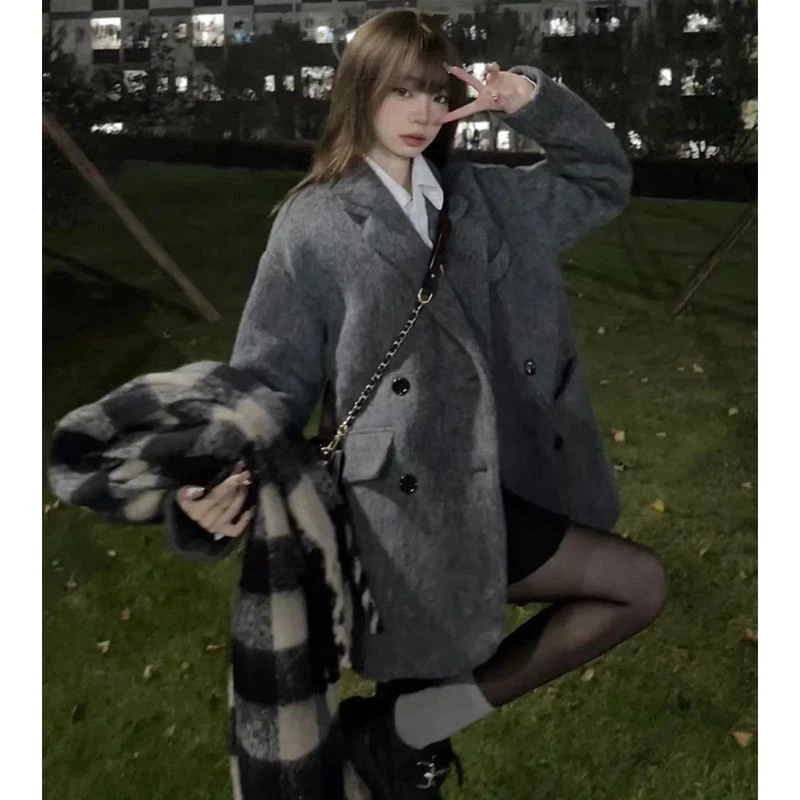 甜美学院风西装领呢子西装风衣外套女秋冬季韩系新款宽松休闲大衣