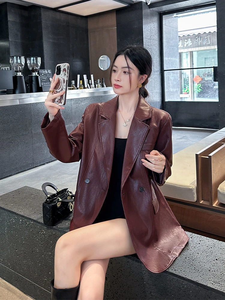 安可拉红复古高级感PU皮衣外套女2024秋冬新款宽松休闲显瘦皮西装