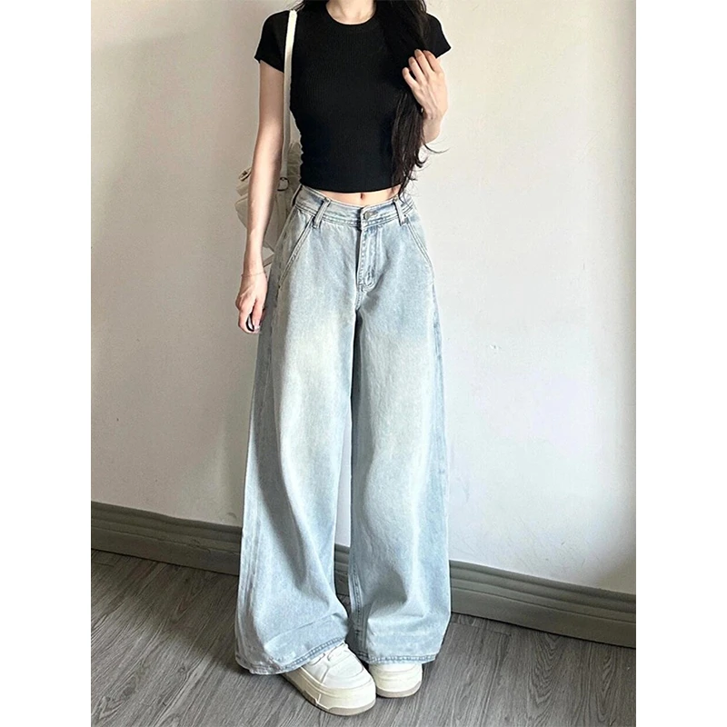 美式复古浅色阔腿牛仔裤女秋冬新款高腰宽松显瘦垂感拖地直筒裤子