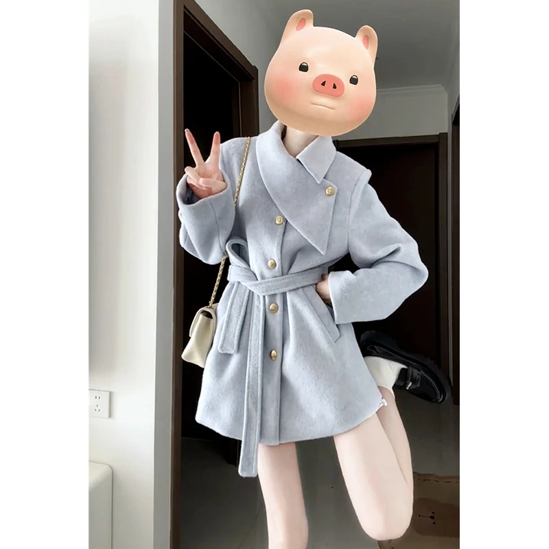 2024新款小个子蓝色中长款毛呢外套女秋冬季高级感宽松加厚呢大衣