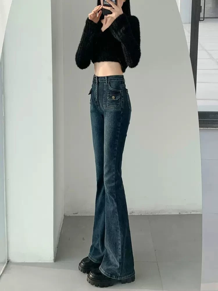 复古蓝高腰喇叭裤女2024秋冬新款微喇牛仔裤弹力修身显瘦拖地裤子