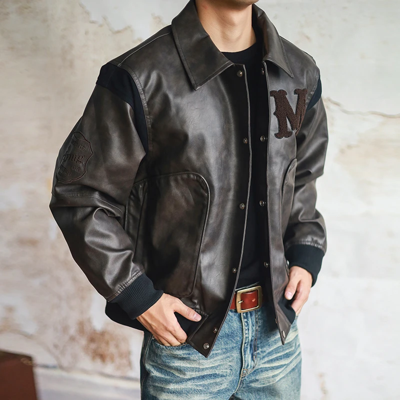 美式硬派 回故HYMG 擦色水洗PU宽松复古翻领棒球服夹克皮衣外套男