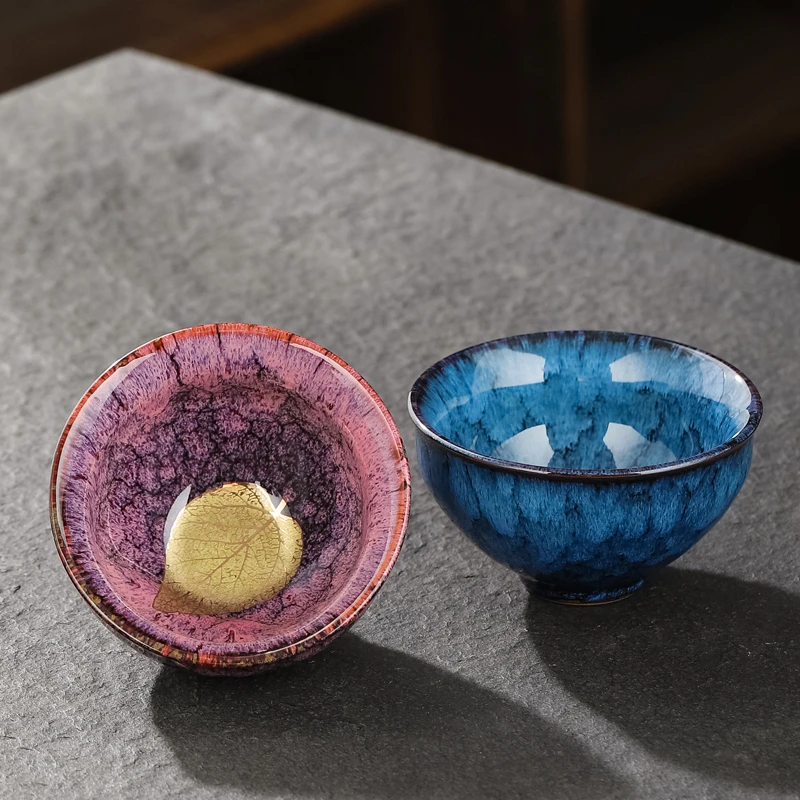 窑变茶杯茶盏功夫茶具禅意金叶天目盏创意建盏主人杯陶瓷品茗杯
