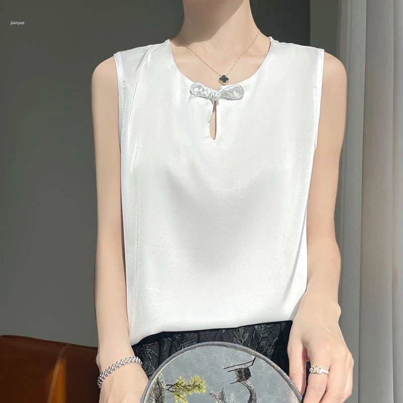 黑色吊带背心女西装内搭无袖外穿宽盘扣白色圆领打底