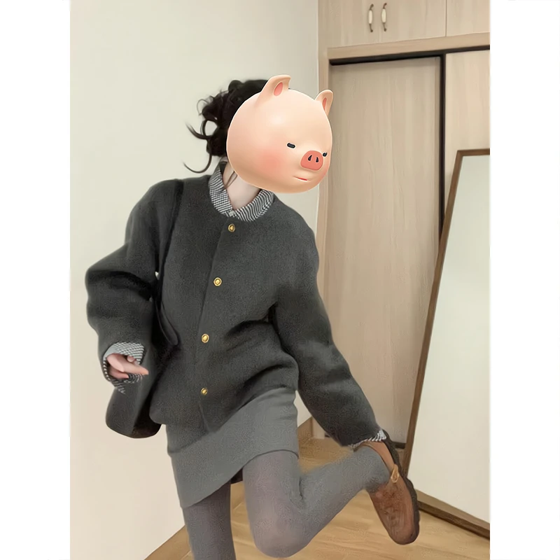 复古韩系灰色毛呢外套女装2024秋冬新款慵懒感圆领小香风半裙套装