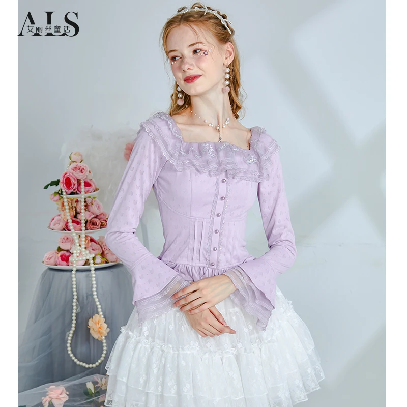 仙女姐姐紫色方领蕾丝刺绣甜美上衣气质显瘦显白喇叭袖衬HW706QG