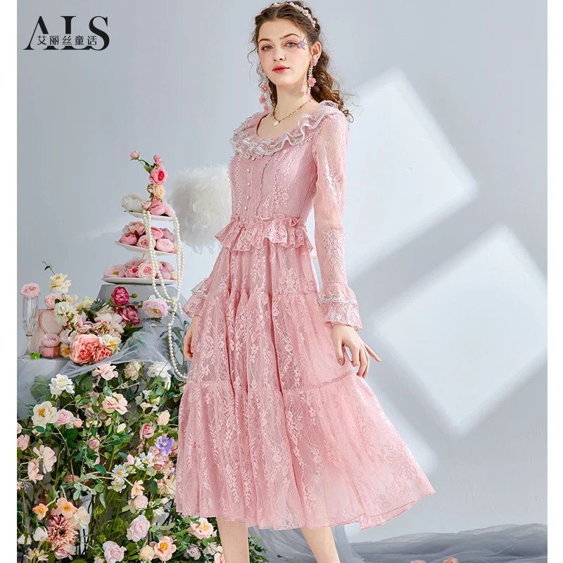 玛丽王妃2024春季新款甜美粉色中长款公主裙优雅刺绣蕾丝HL022CH