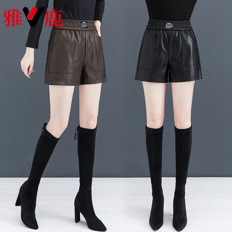 V/雅鹿外穿皮短裤女秋冬新款松紧高腰a字休闲阔腿打底PU皮靴裤潮